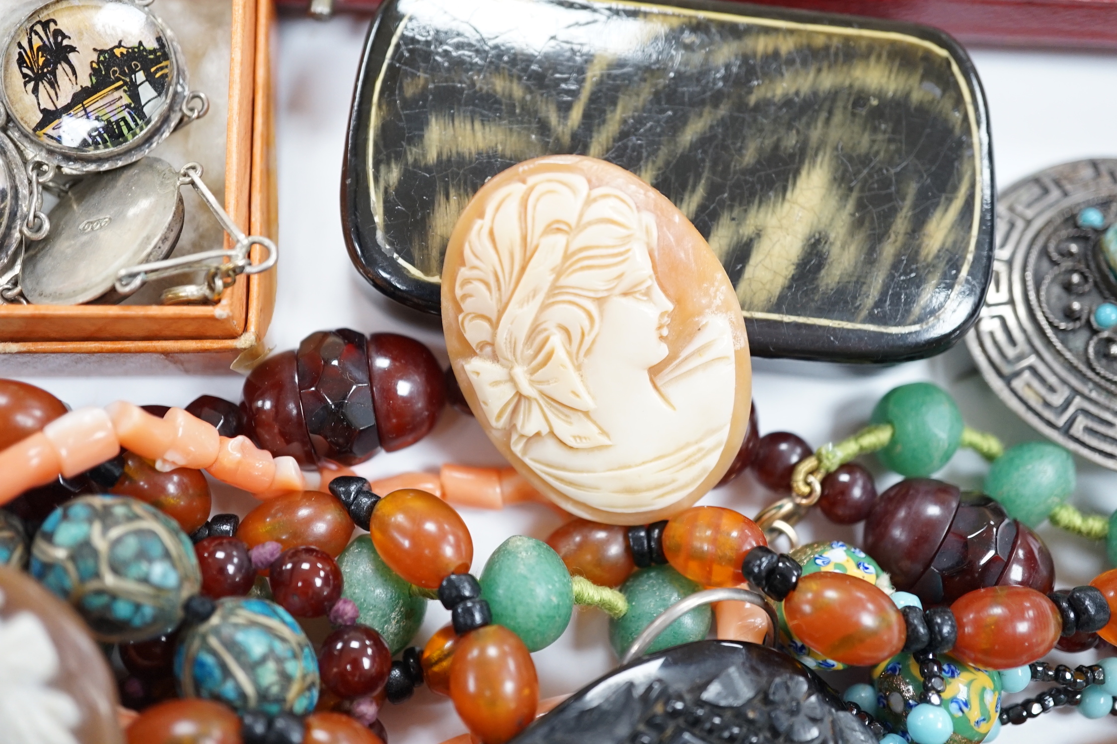 A group of assorted antique and later jewellery, including costume, paste set bracelet, gold plated albert, cameo shell brooch, micro mosaic brooch, silver and enamelled butterfly brooch, etc.